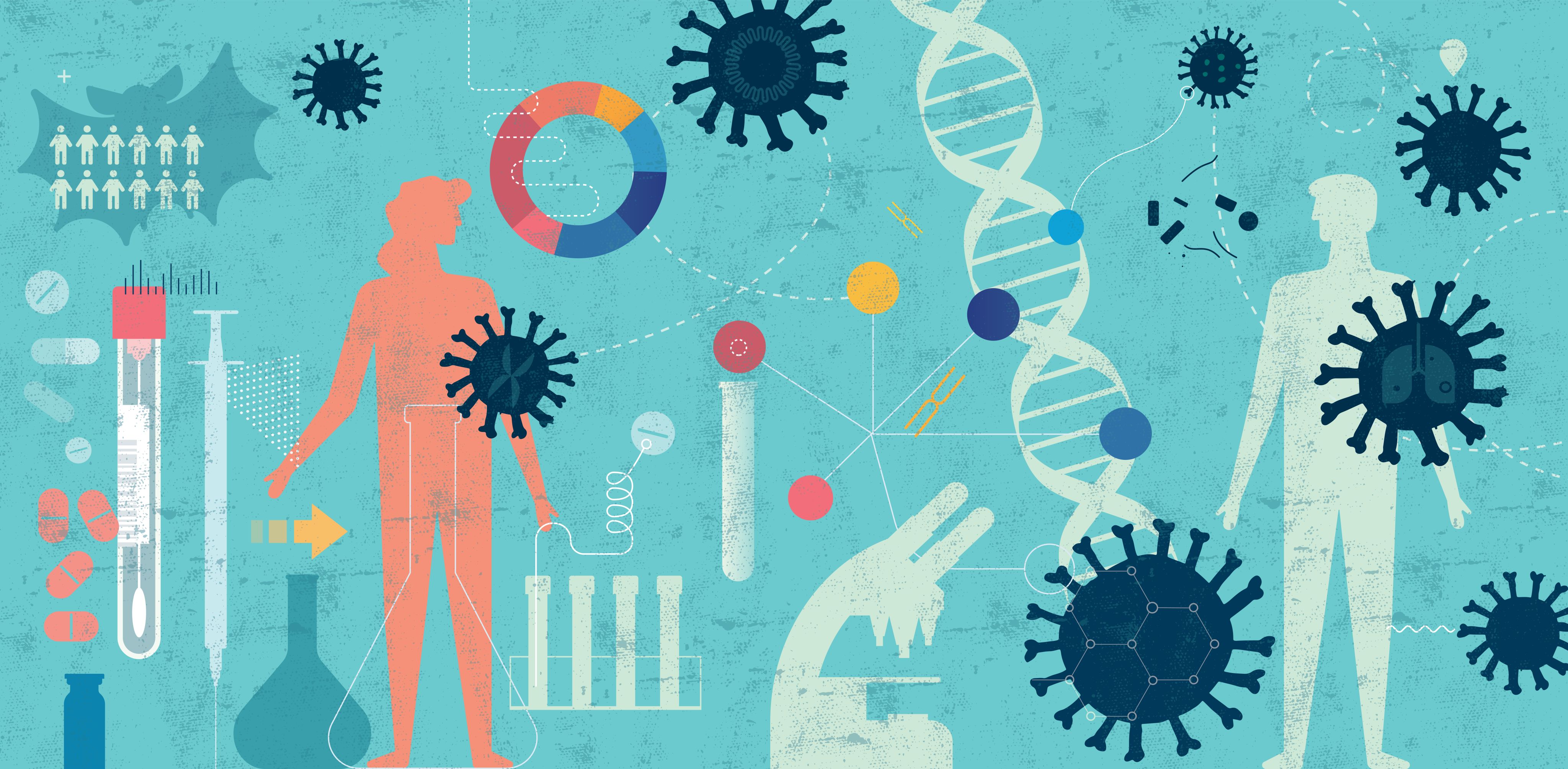 An illustration of a human body, virus cells, microscope, and DNA.